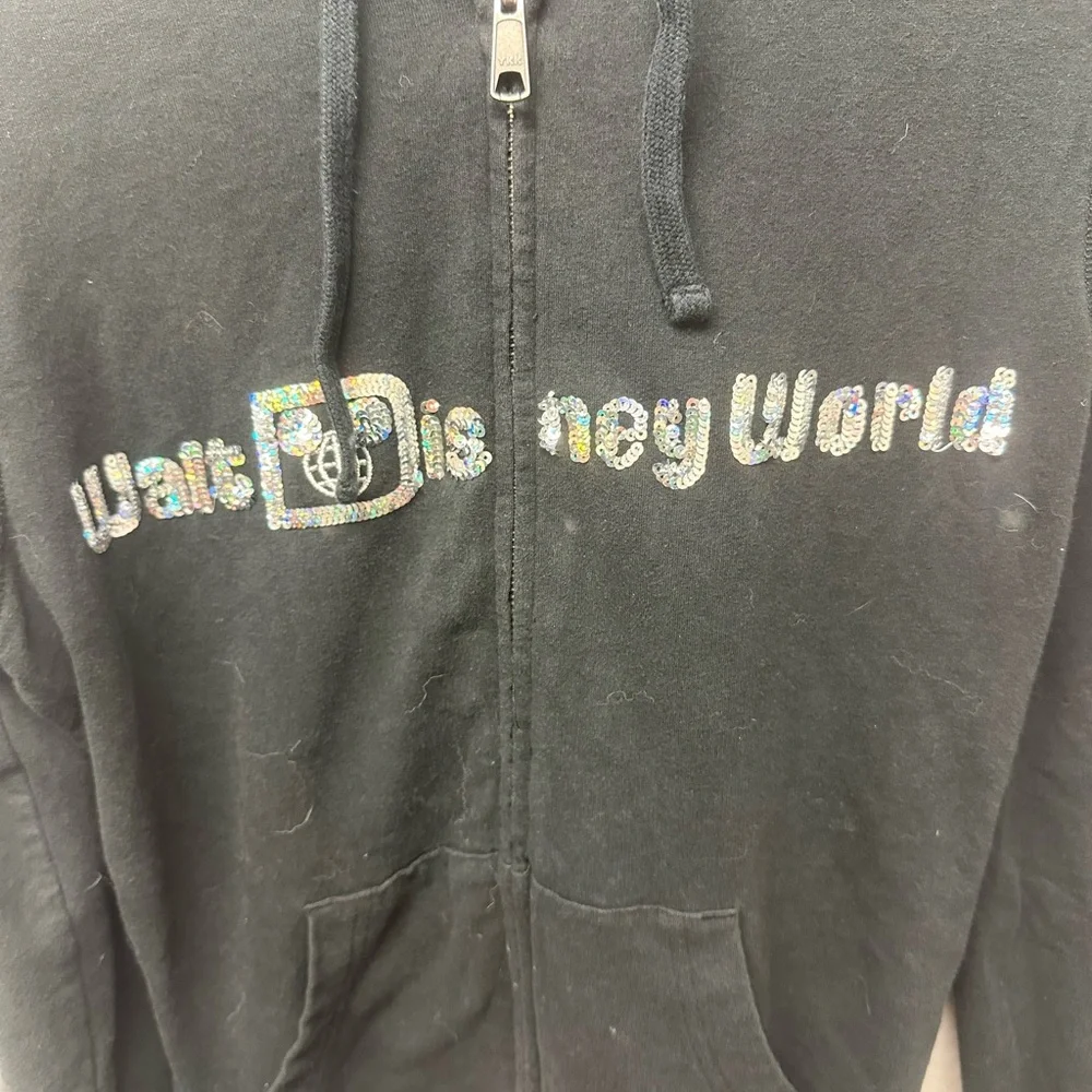 Women's Disney Parks Sequin Logo Full Zip Hooded Sweatshirt Black XS Mickey - Picture 2 of 9